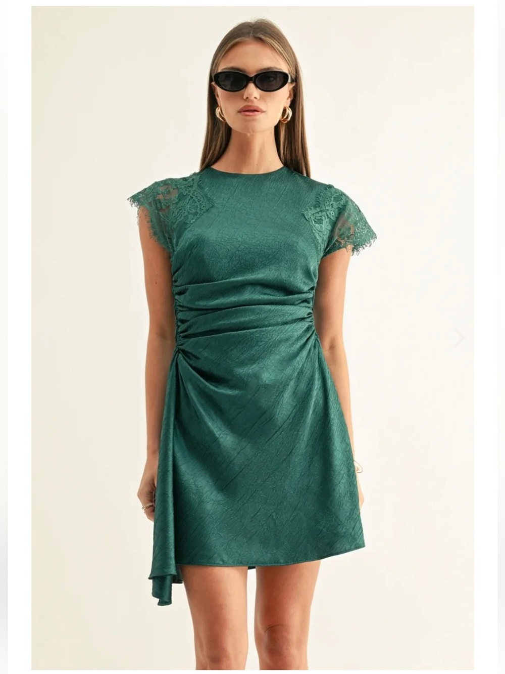 NWT JORDYN ASYMMETRIC HEM RUCHED MINI DRESS - DARK TEAL